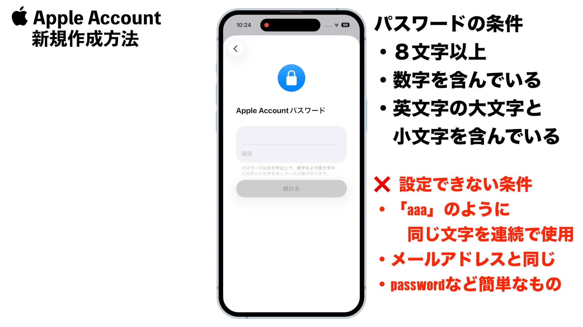 パスワード設定画面。条件と設定できない例が説明されている