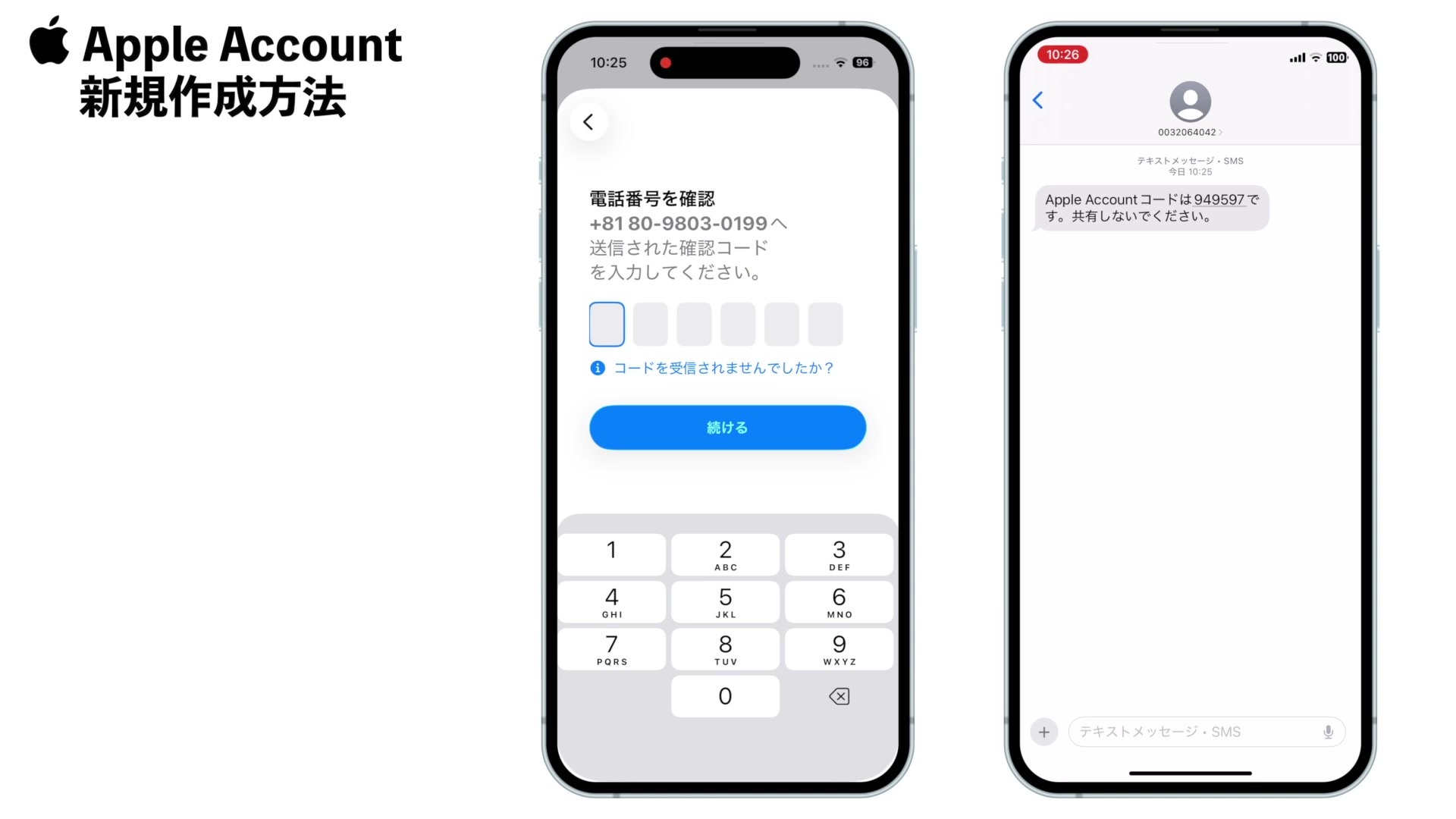 電話番号確認コードの入力画面と、SMSで届いた確認コード