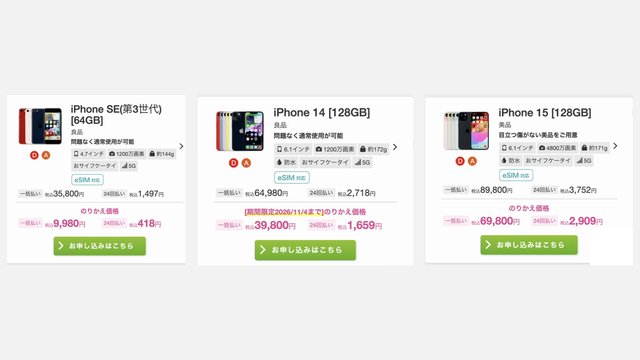 IIJmioの公式サイト。iPhone SE(第3世代)9,980円、iPhone 14 39,800円、iPhone 15 69,800円の価格カード