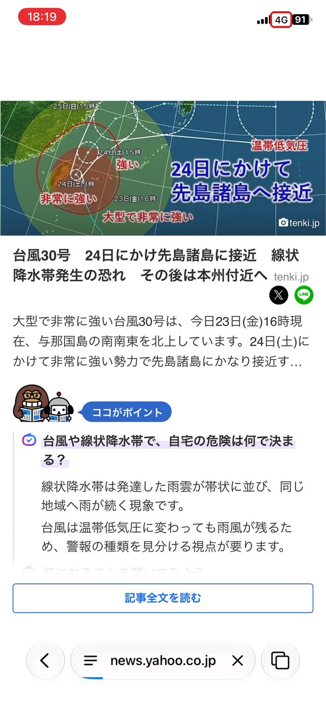 Wi-Fiを切った状態でSafariを開いた画面。上の「4G」を赤い枠で示している