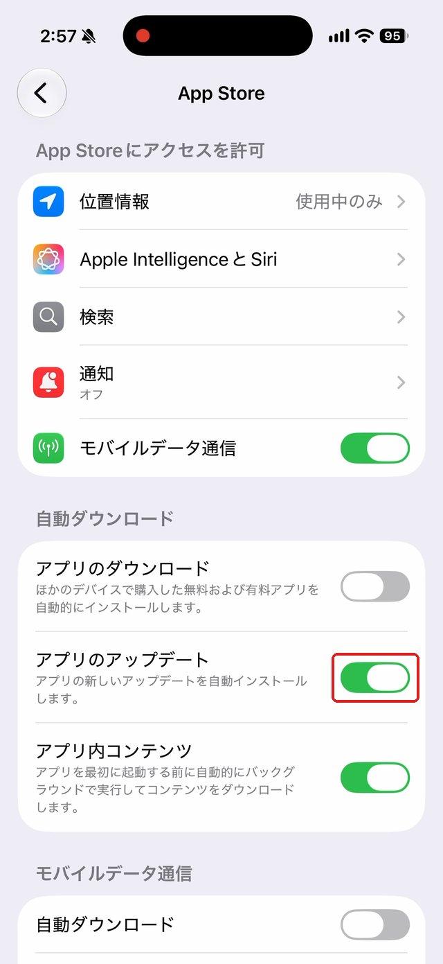 App Storeの設定。「アプリのアップデート」のスイッチを赤い枠で示している